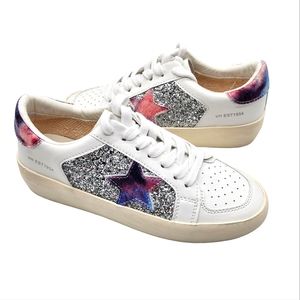 VINTAGE HAVANA White Frosty Glitter Calf‎ Hair-Trim Sneakers Size 7.5